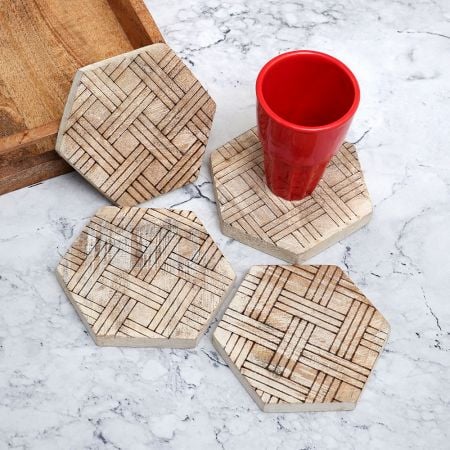 Brown Hexagon Wooden Coasters for Decor - Pack of 4